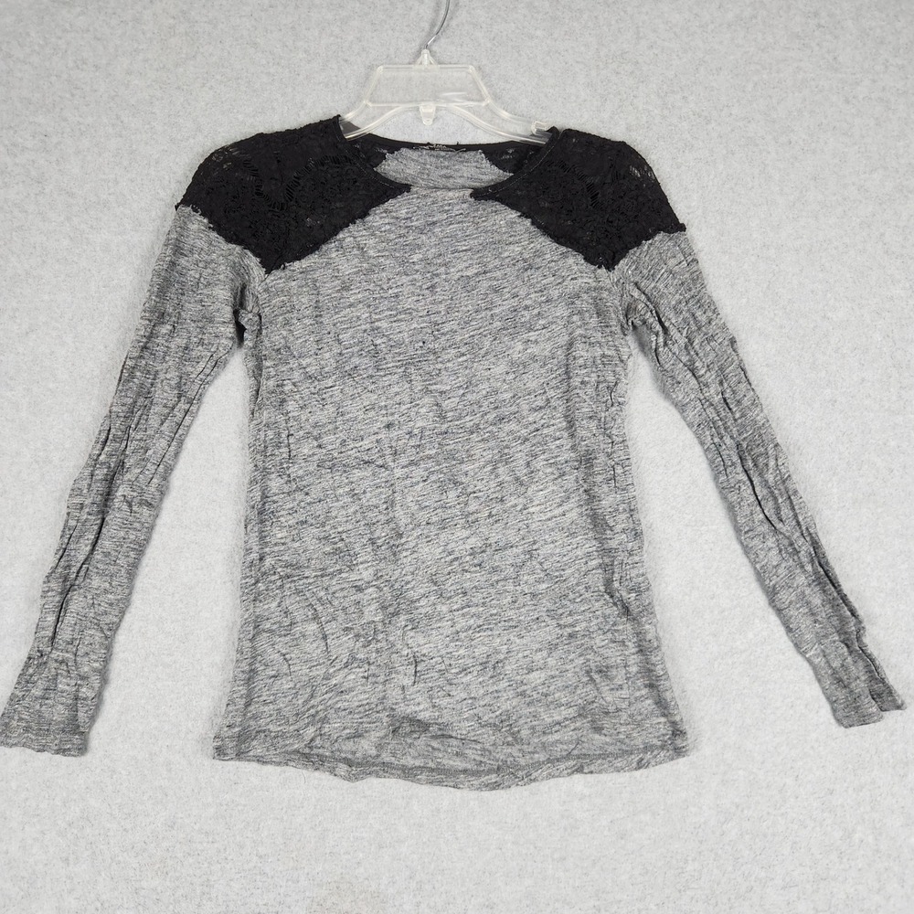 Zara Top Womens Medium Gray Black Heathered Lace Shoulder Long Sleeve Crew Neck